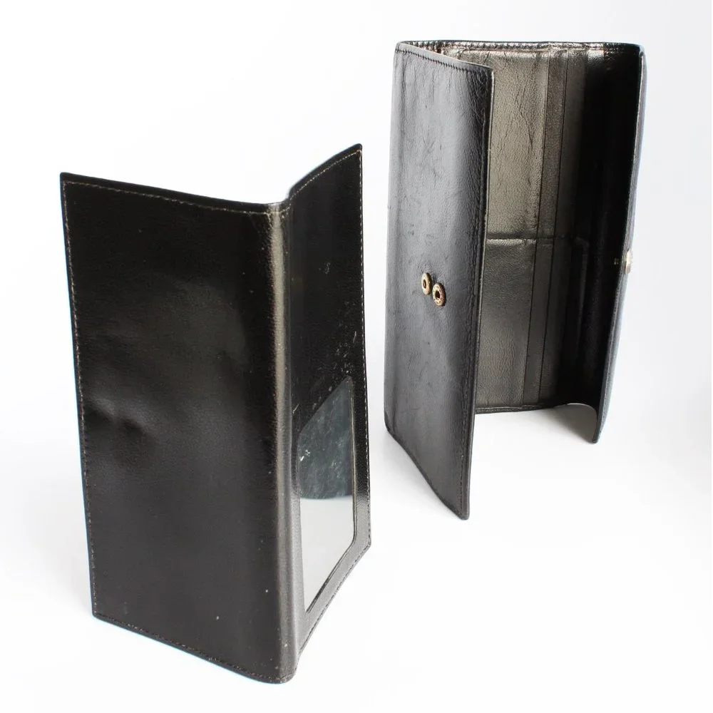 Bosca Wallet with Check Book Holder Black Leather Trifold Vintage